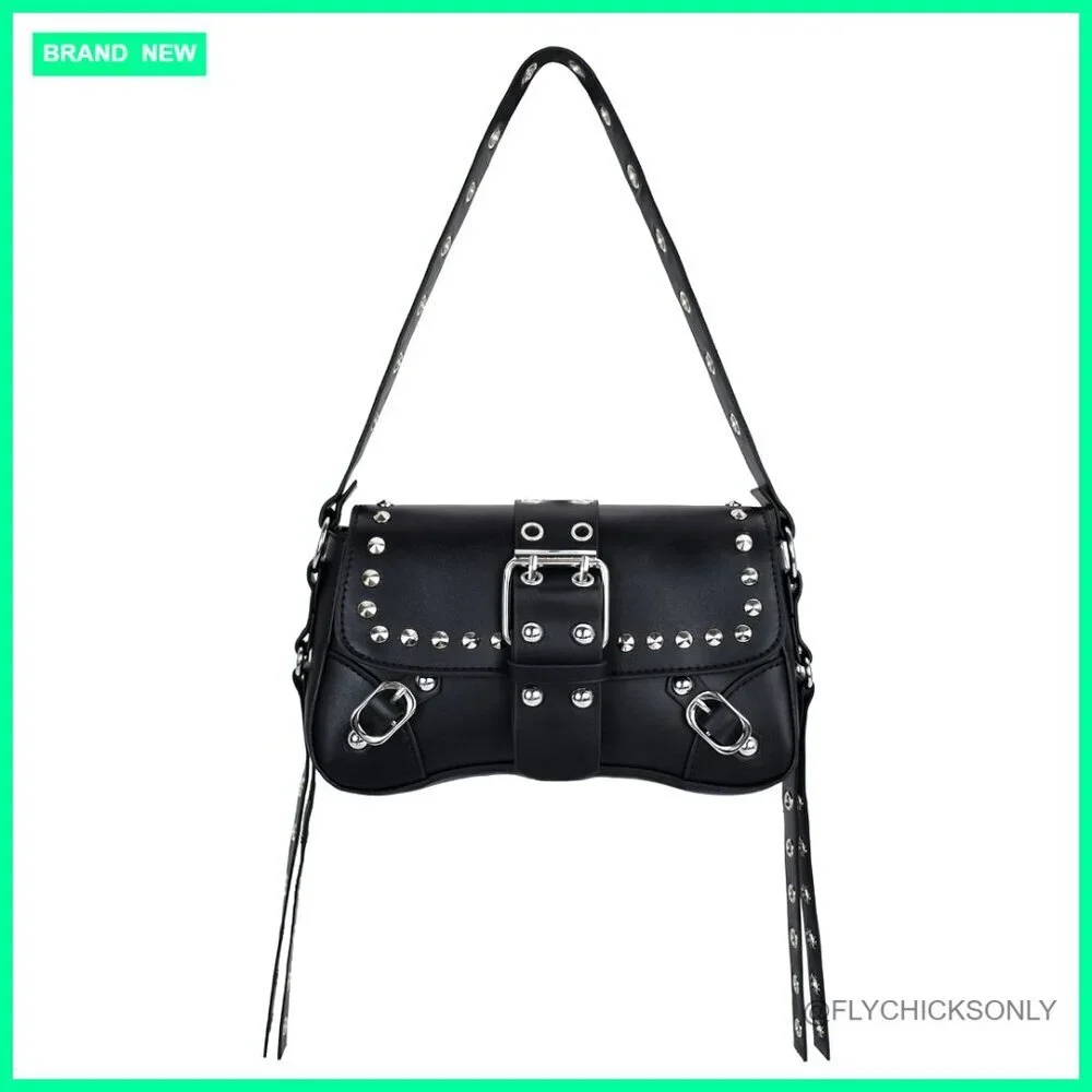 Studded Rivet Punk Hobo Shoulder Bag PU Leather Small Clutch Purse